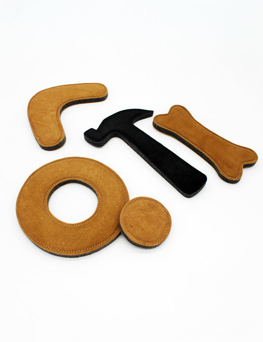 Das große Hundespielzeug Set – Donut, Boomerang, Knochen & Hammer