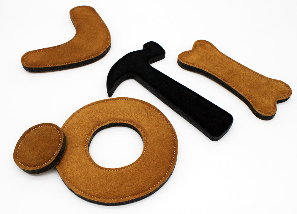 Das große Hundespielzeug Set – Donut, Boomerang, Knochen & Hammer