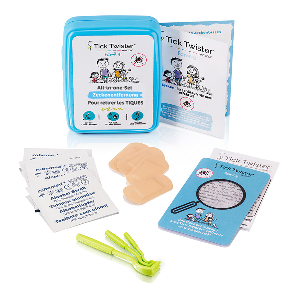 Tick Twister® Family – Anti-Zecken Komplettset - inkl. Desinfektionstücher, Pflaster und Box